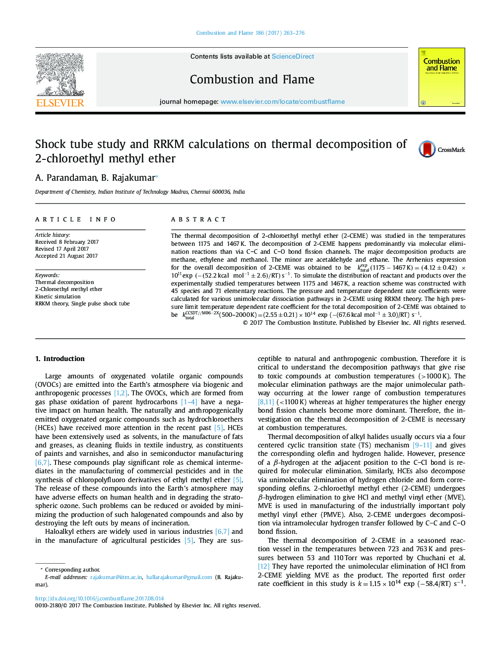 Shock tube study and RRKM calculations on thermal decomposition of 2-chloroethyl methyl ether