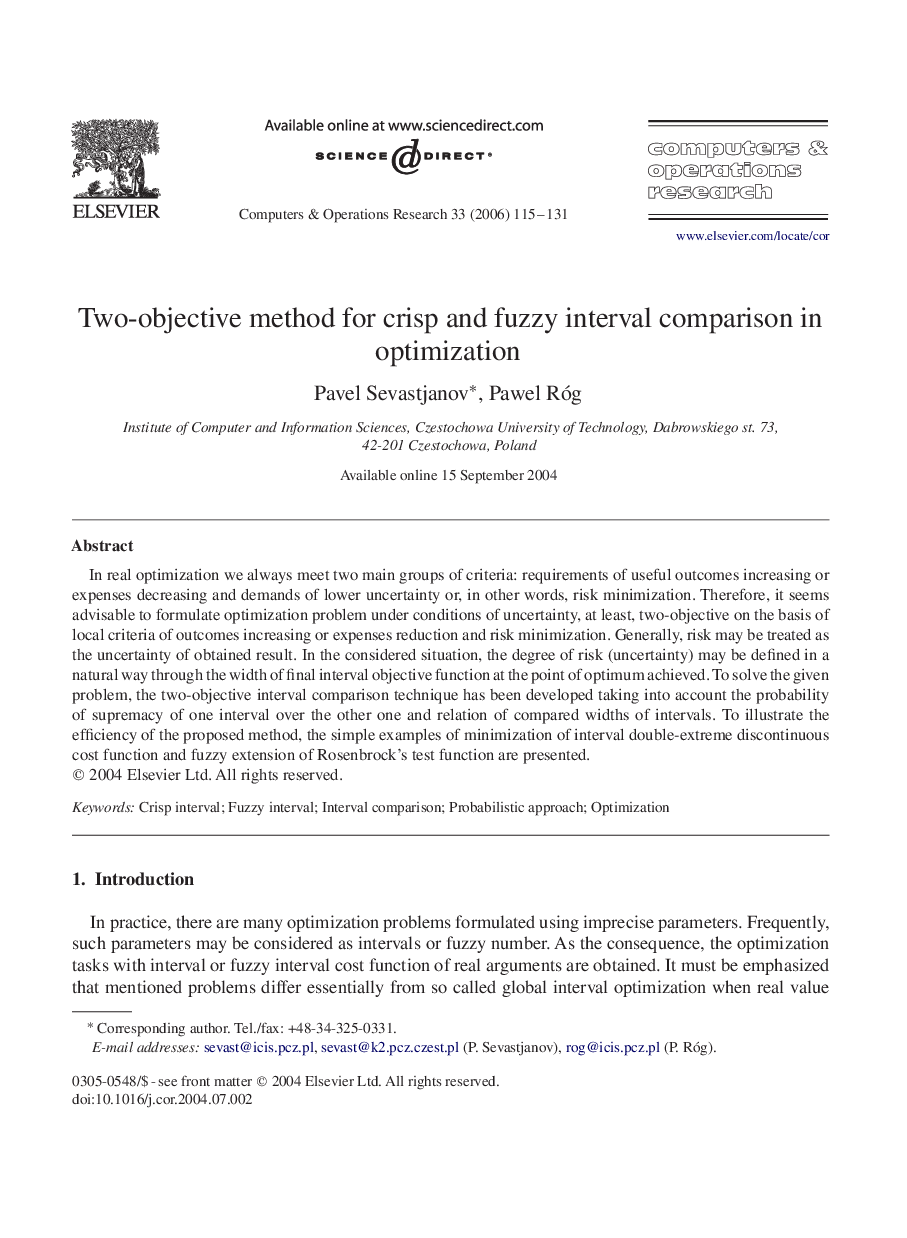 Two-objective method for crisp and fuzzy interval comparison in optimization