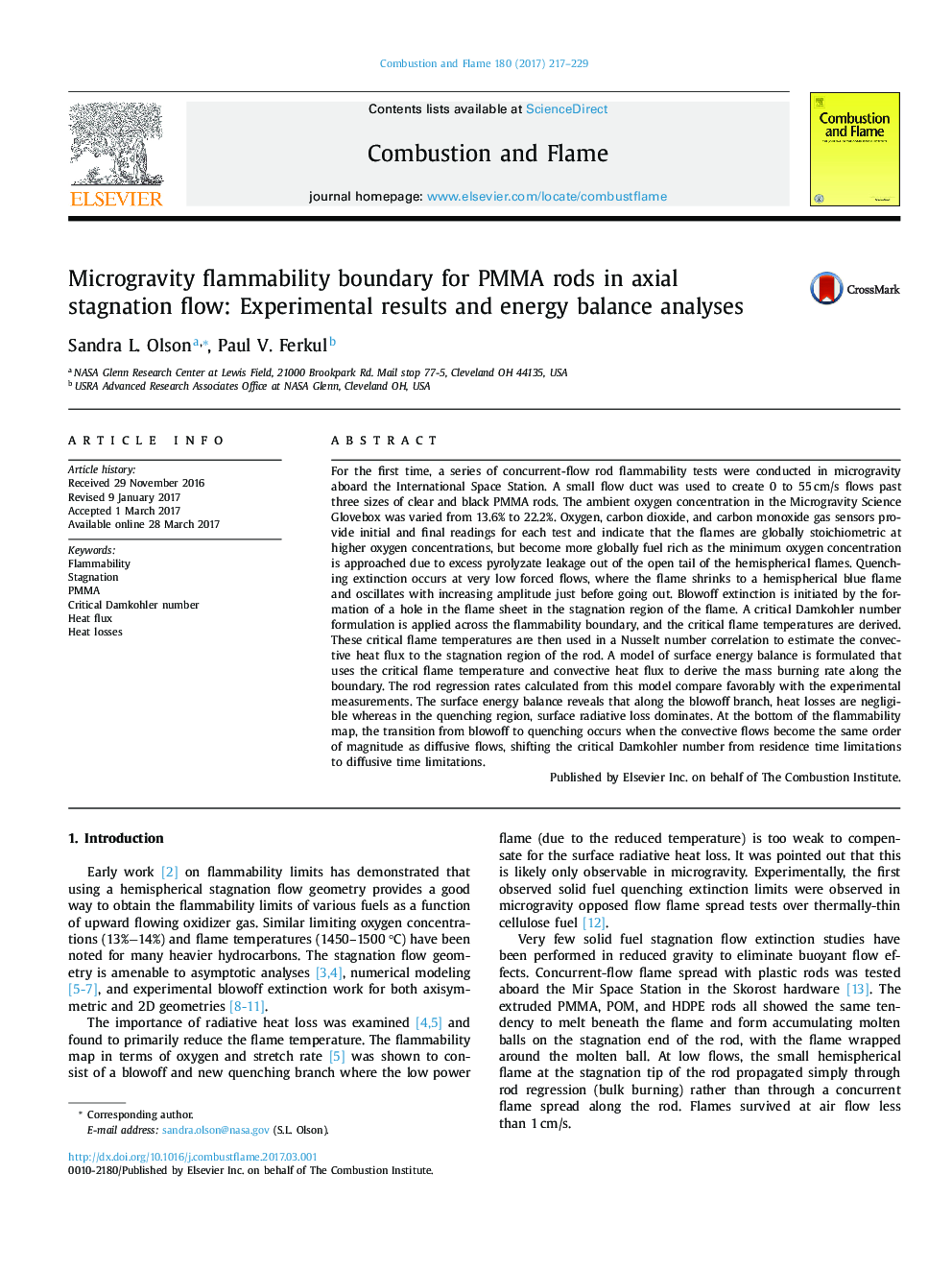 Microgravity flammability boundary for PMMA rods in axial stagnation flow: Experimental results and energy balance analyses