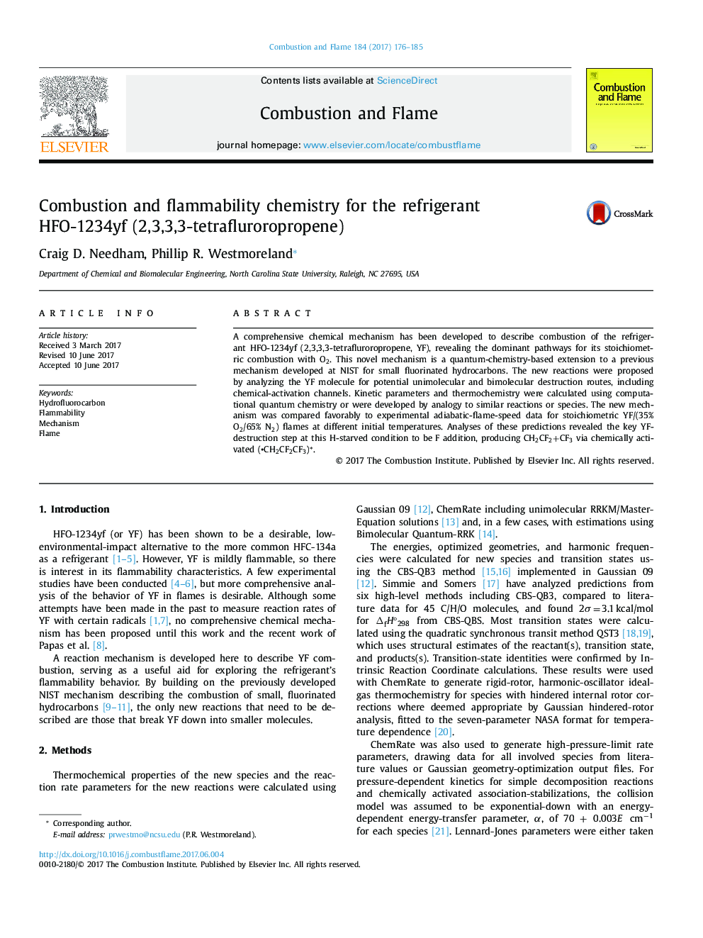 Combustion and flammability chemistry for the refrigerant HFO-1234yf (2,3,3,3-tetrafluroropropene)