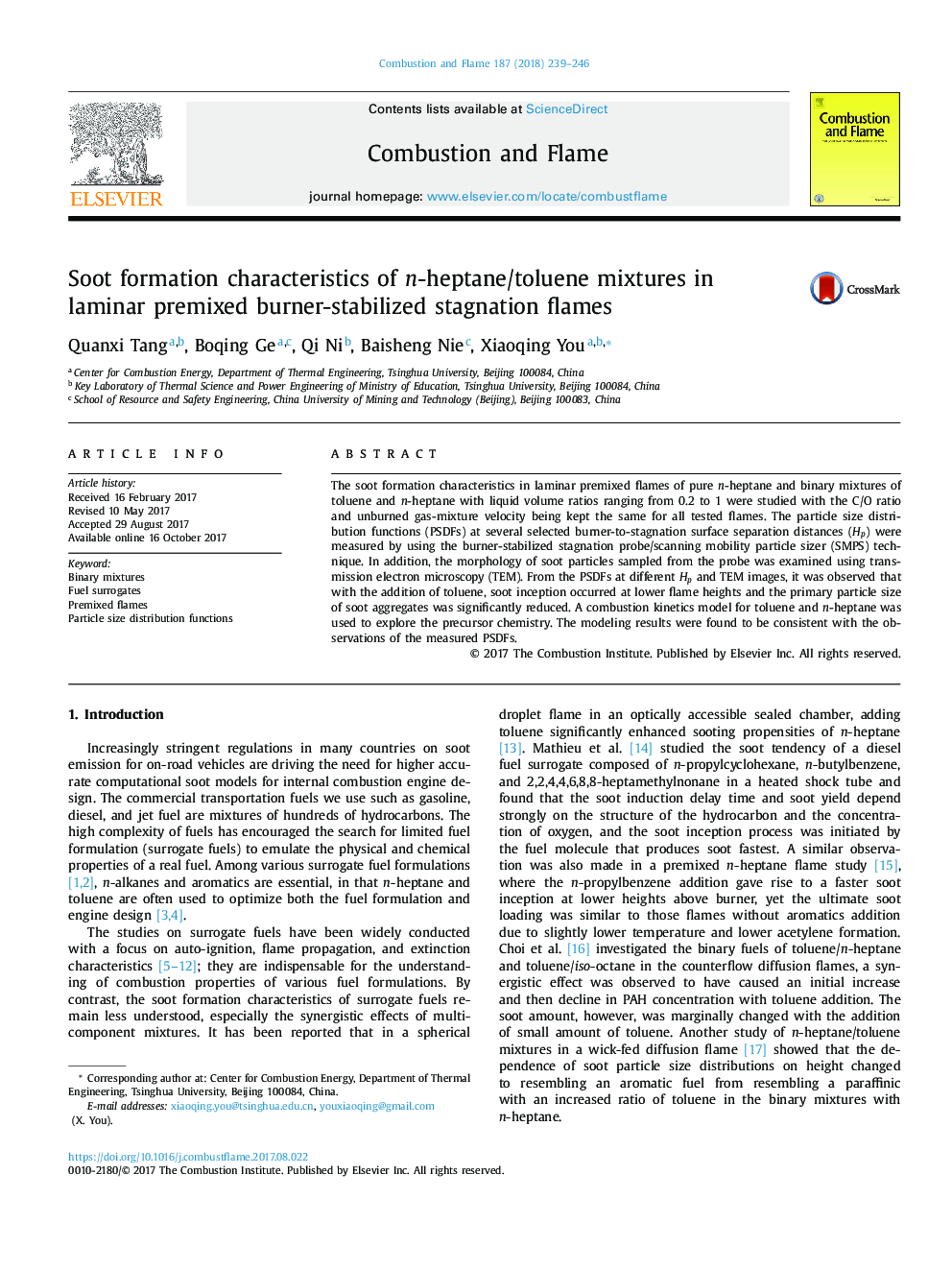 Soot formation characteristics of n-heptane/toluene mixtures in laminar premixed burner-stabilized stagnation flames