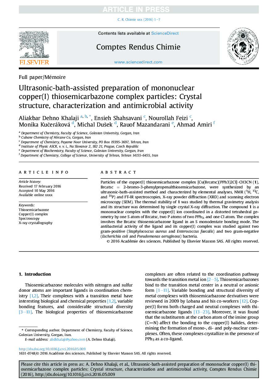 Ultrasonic-bath-assisted preparation of mononuclear copper(I) thiosemicarbazone complex particles: Crystal structure, characterization and antimicrobial activity