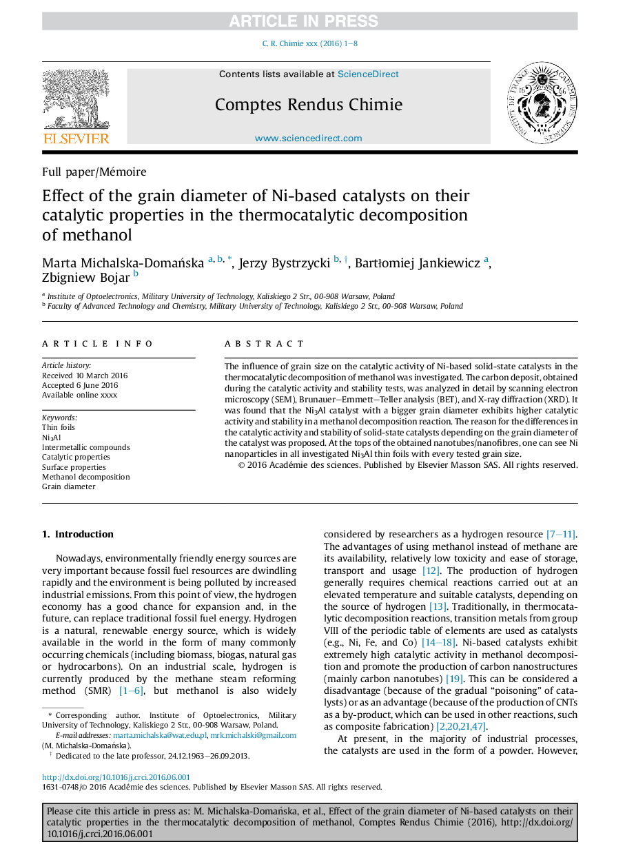 Effect of the grain diameter of Ni-based catalysts on their catalytic properties in the thermocatalytic decomposition ofÂ methanol