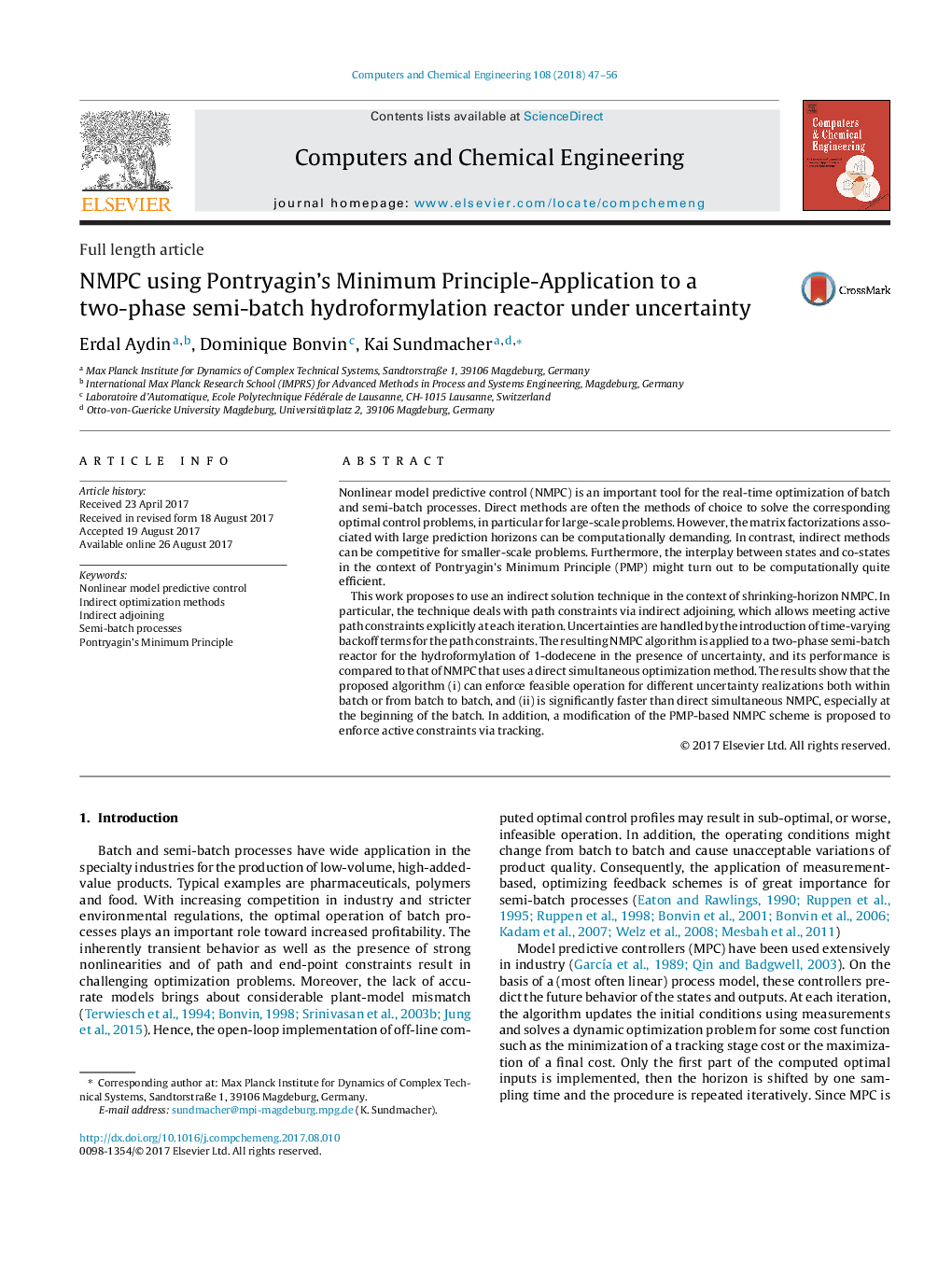 NMPC using Pontryagin's Minimum Principle-Application to a two-phase semi-batch hydroformylation reactor under uncertainty