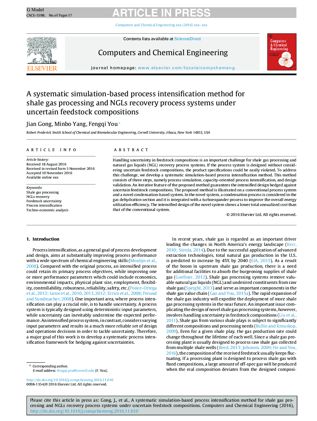 A systematic simulation-based process intensification method for shale gas processing and NGLs recovery process systems under uncertain feedstock compositions
