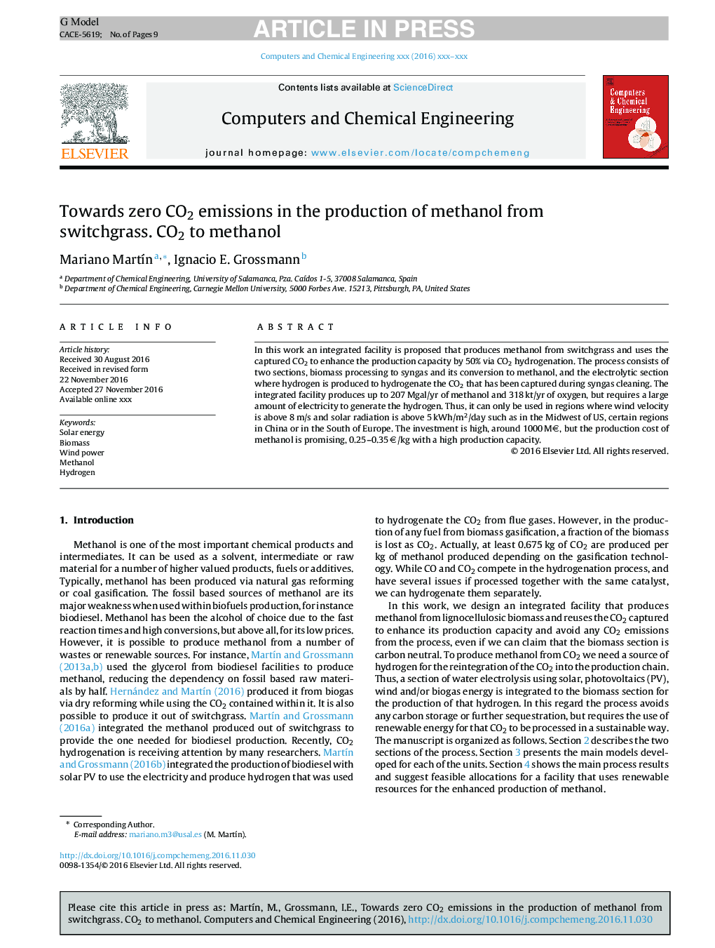 Towards zero CO2 emissions in the production of methanol from switchgrass. CO2 to methanol