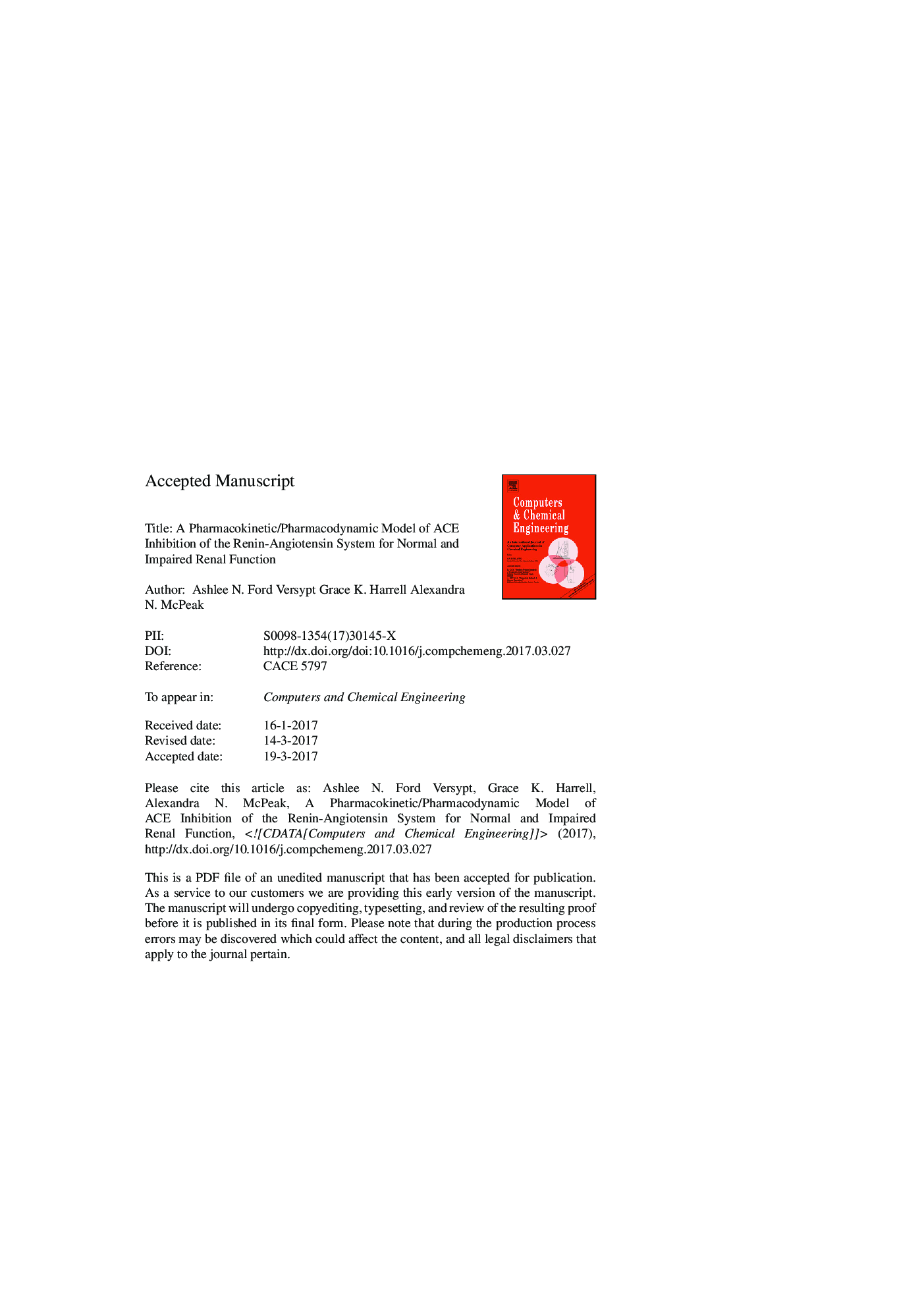 A pharmacokinetic/pharmacodynamic model of ACE inhibition of the renin-angiotensin system for normal and impaired renal function