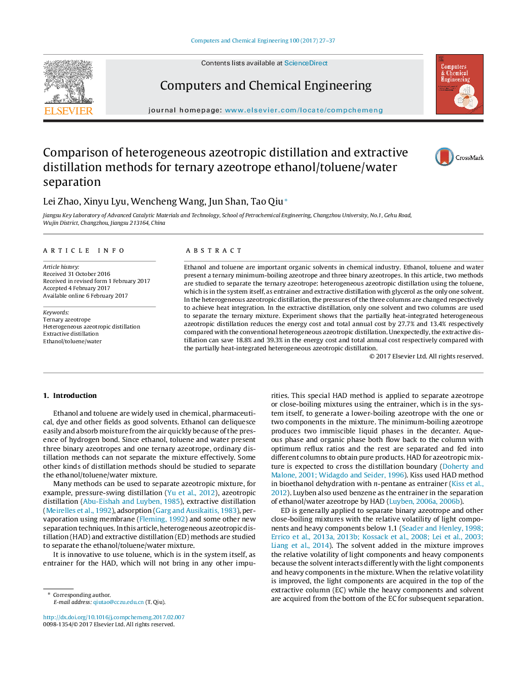 Comparison of heterogeneous azeotropic distillation and extractive distillation methods for ternary azeotrope ethanol/toluene/water separation