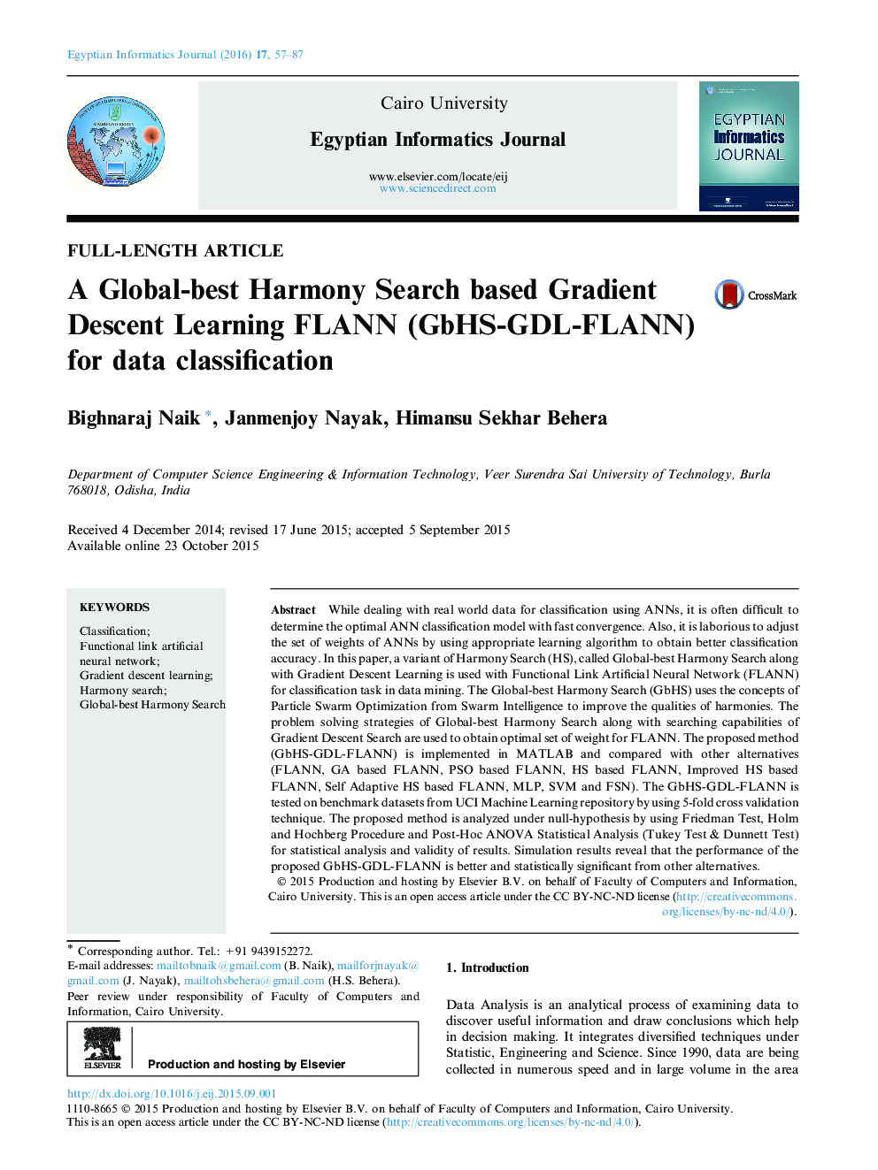 A Global-best Harmony Search based Gradient Descent Learning FLANN (GbHS-GDL-FLANN) for data classification 