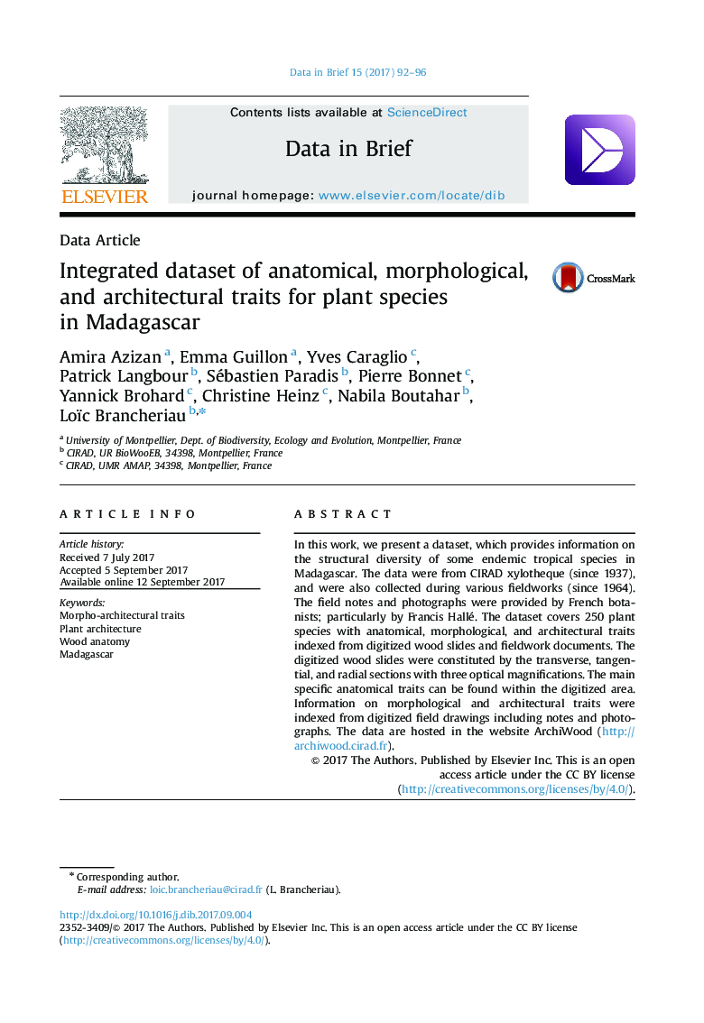Integrated dataset of anatomical, morphological, and architectural traits for plant species in Madagascar