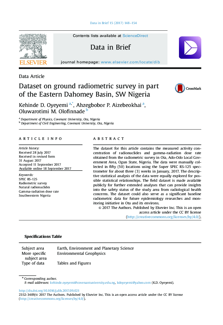 Dataset on ground radiometric survey in part of the Eastern Dahomey Basin, SW Nigeria