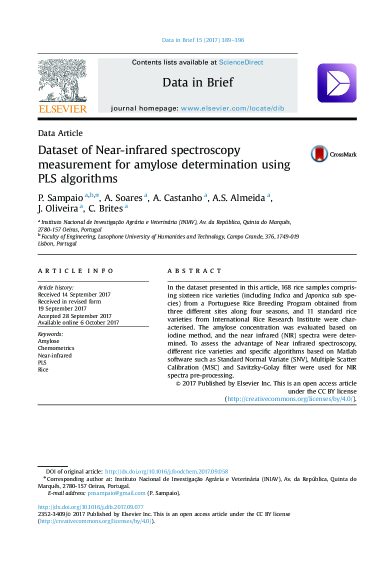 Dataset of Near-infrared spectroscopy measurement for amylose determination using PLS algorithms