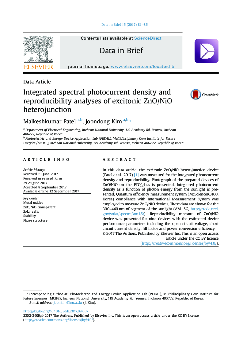 Integrated spectral photocurrent density and reproducibility analyses of excitonic ZnO/NiO heterojunction