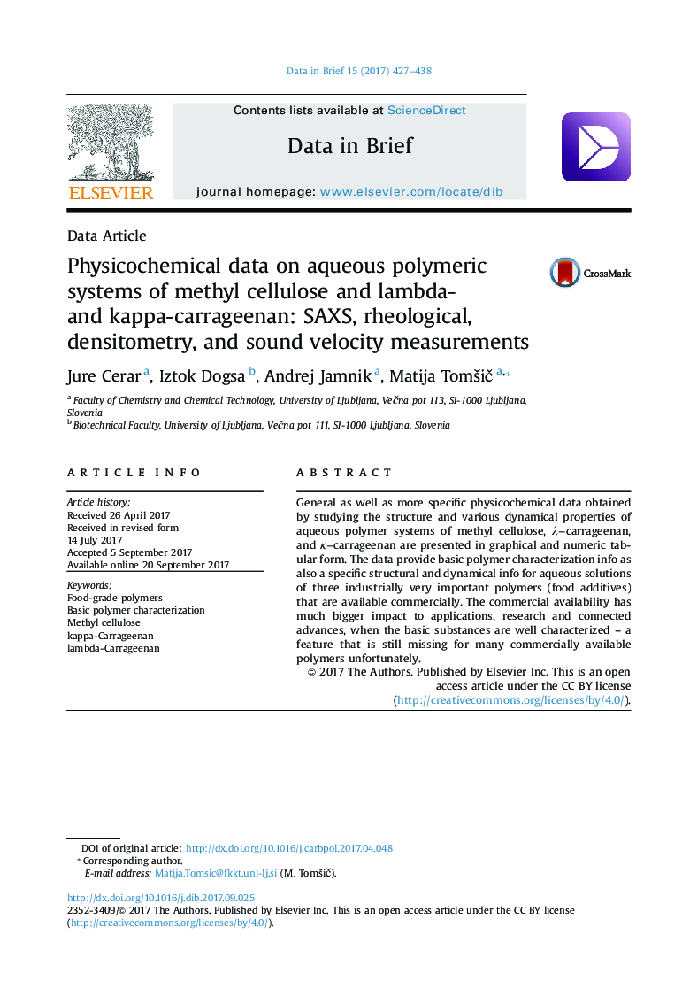 Physicochemical data on aqueous polymeric systems of methyl cellulose and lambda- and kappa-carrageenan: SAXS, rheological, densitometry, and sound velocity measurements