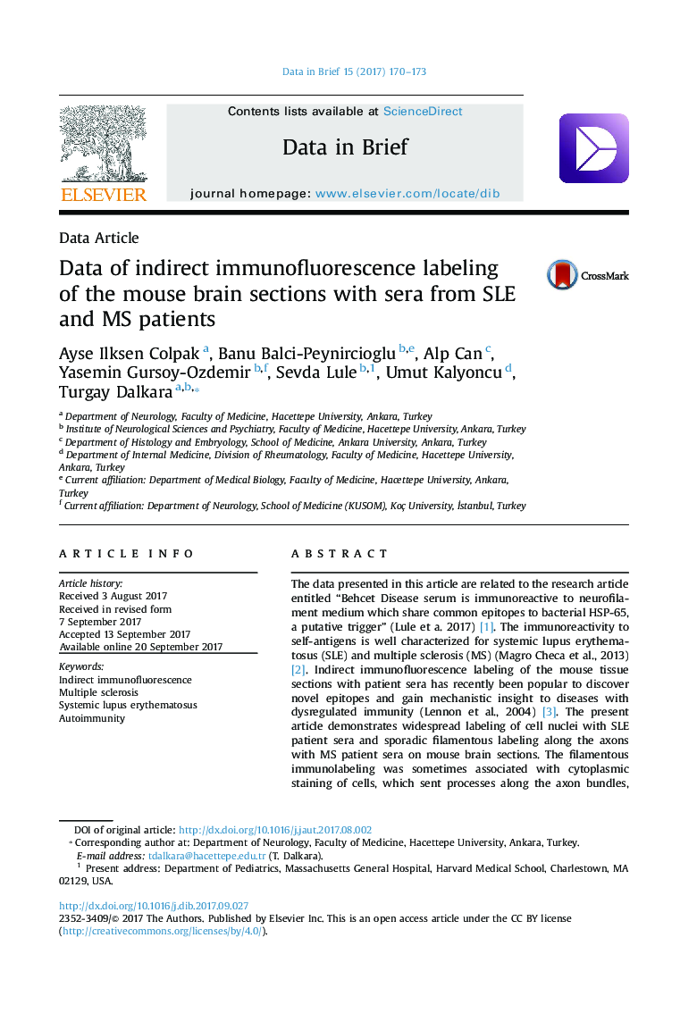 Data of indirect immunofluorescence labeling of the mouse brain sections with sera from SLE and MS patients