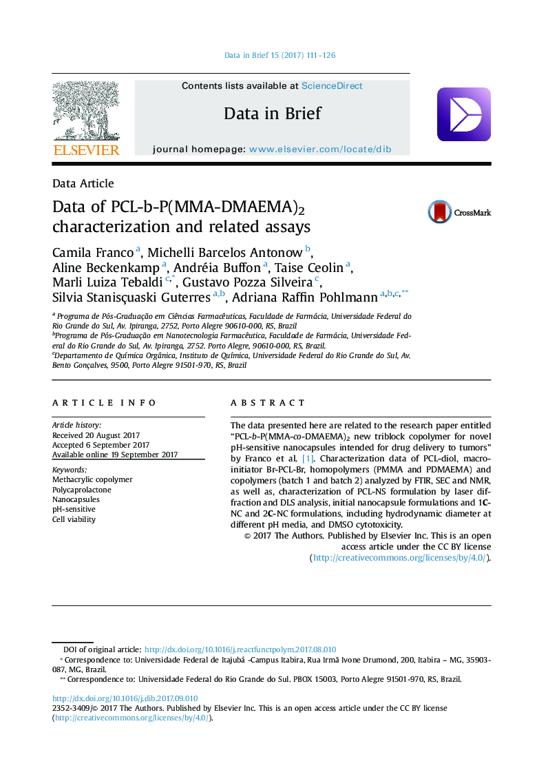 Data of PCL-b-P(MMA-DMAEMA)2 characterization and related assays