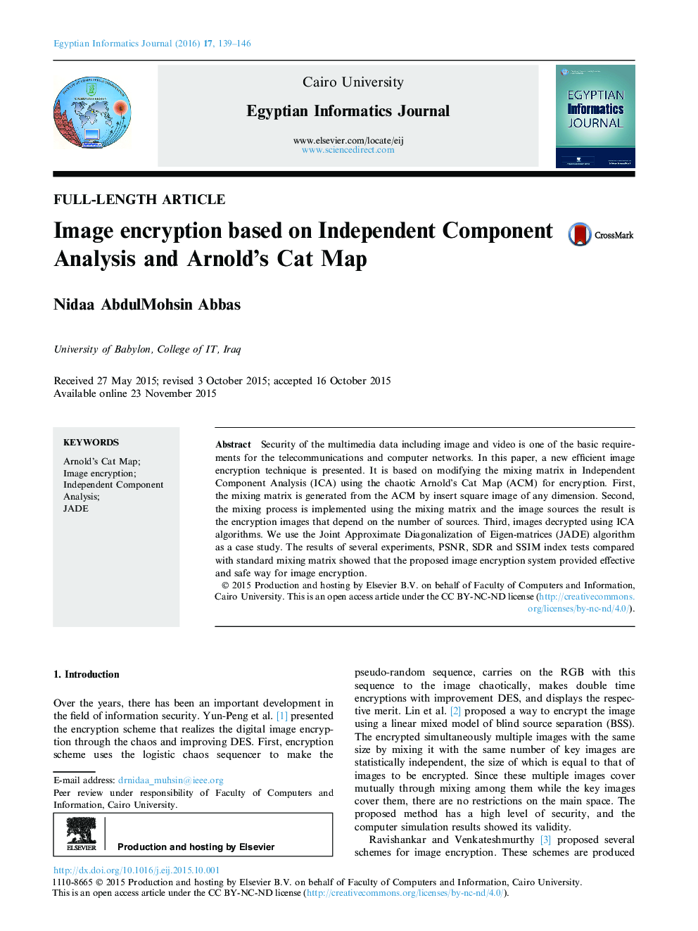 Image encryption based on Independent Component Analysis and Arnold’s Cat Map 