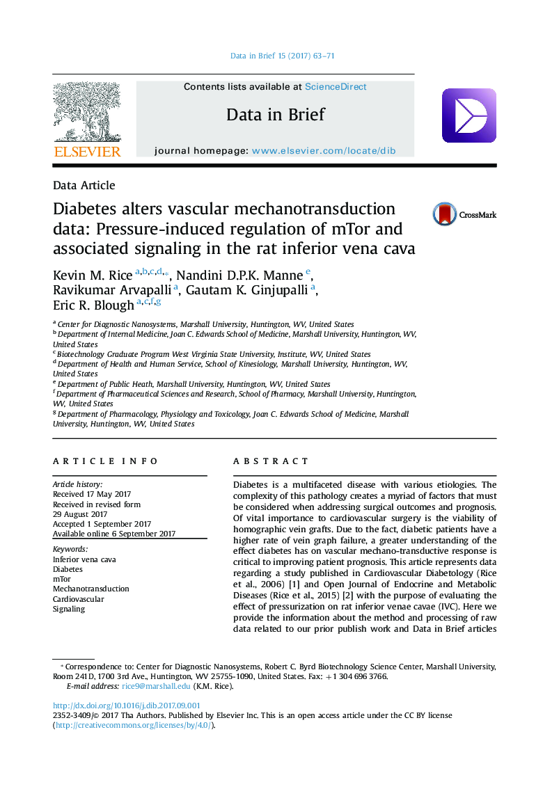 Diabetes alters vascular mechanotransduction data: Pressure-induced regulation of mTor and associated signaling in the rat inferior vena cava