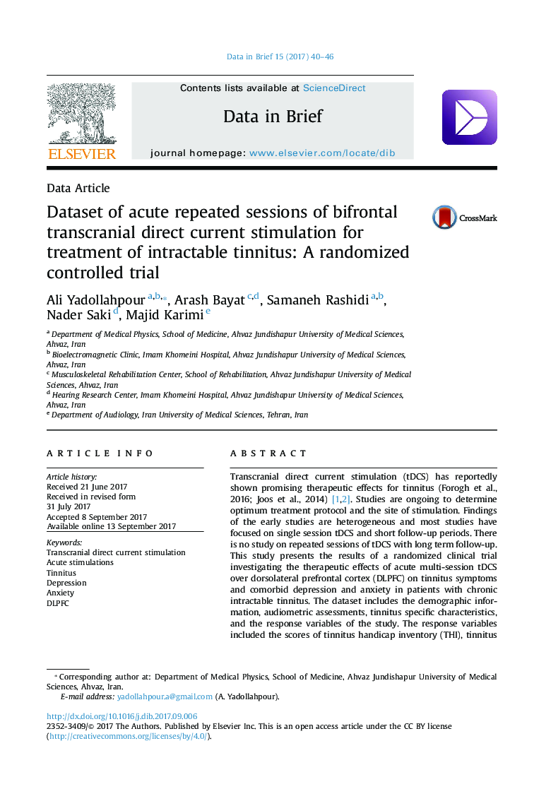 Dataset of acute repeated sessions of bifrontal transcranial direct current stimulation for treatment of intractable tinnitus: A randomized controlled trial