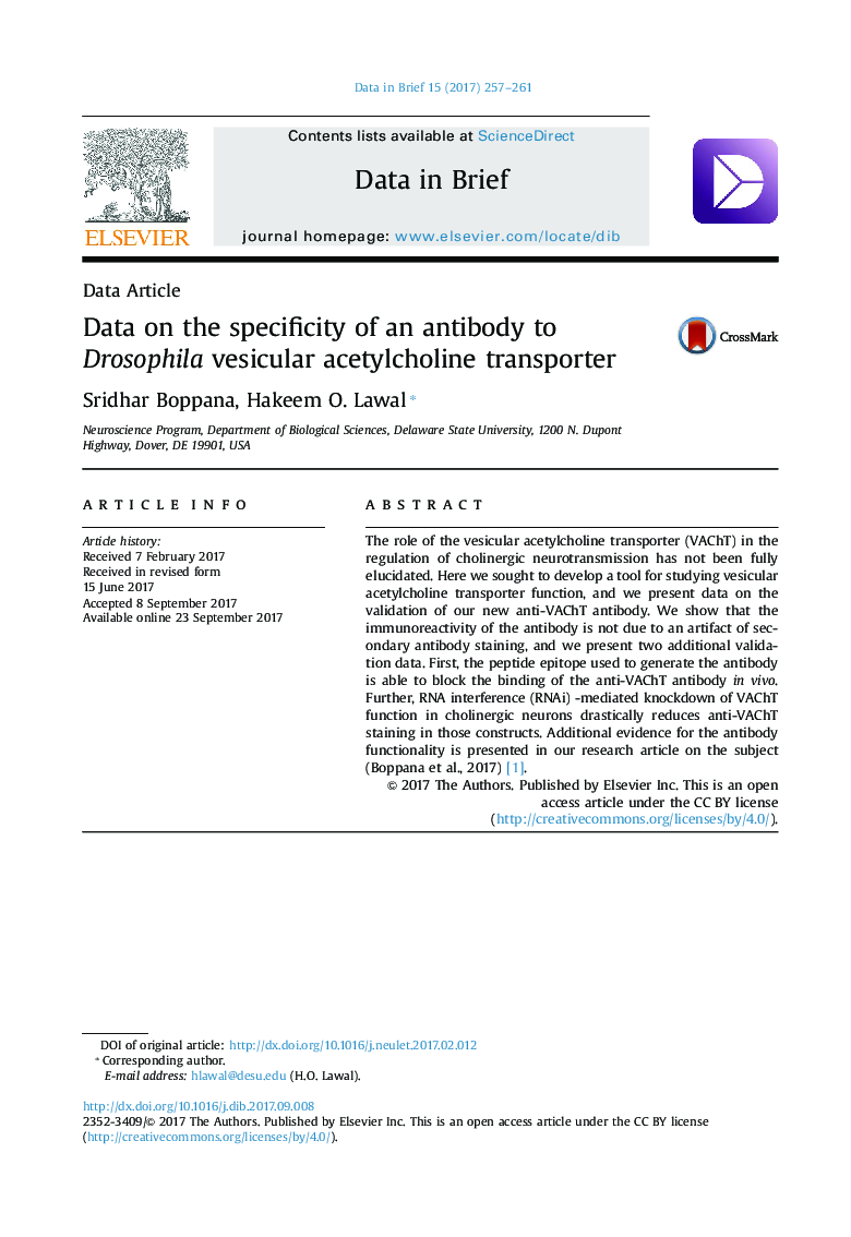 Data ArticleData on the specificity of an antibody to Drosophila vesicular acetylcholine transporter