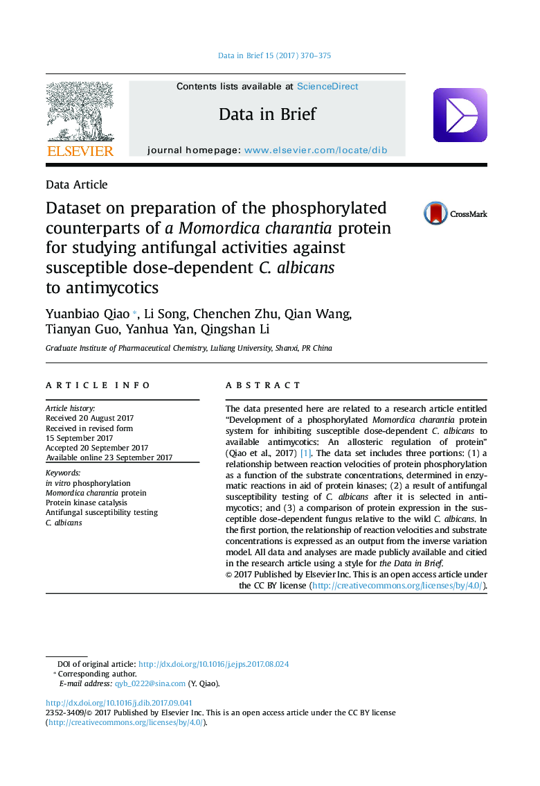 Data ArticleDataset on preparation of the phosphorylated counterparts of a Momordica charantia protein for studying antifungal activities against susceptible dose-dependent C. albicans to antimycotics