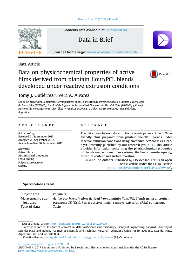 Data on physicochemical properties of active films derived from plantain flour/PCL blends developed under reactive extrusion conditions