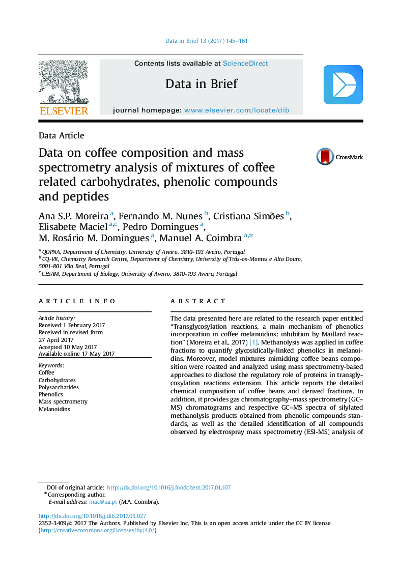 داده های مربوط به ترکیب قهوه و تجزیه و تحلیل طیف جرمی مخلوط کربوهیدرات های قهوه، ترکیبات فنلی و پپتید 