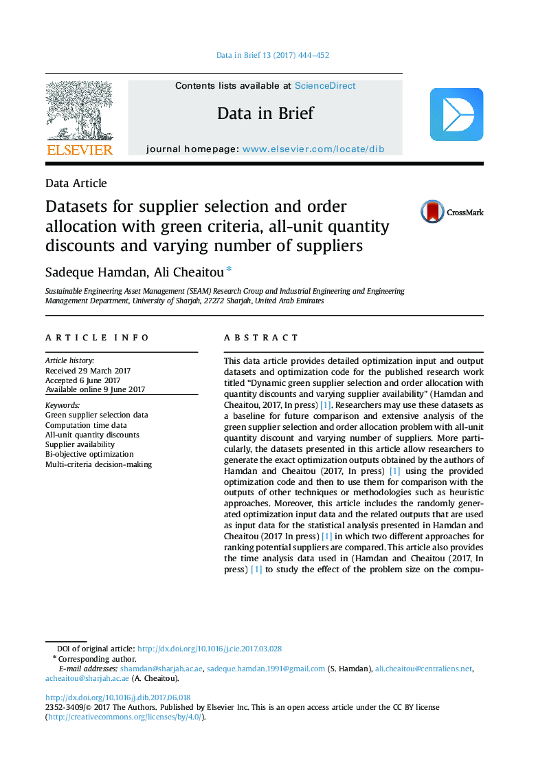 Datasets for supplier selection and order allocation with green criteria, all-unit quantity discounts and varying number of suppliers