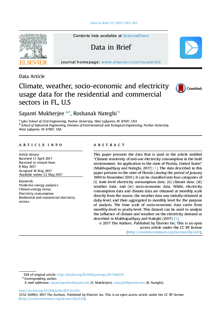 Data ArticleClimate, weather, socio-economic and electricity usage data for the residential and commercial sectors in FL, U.S