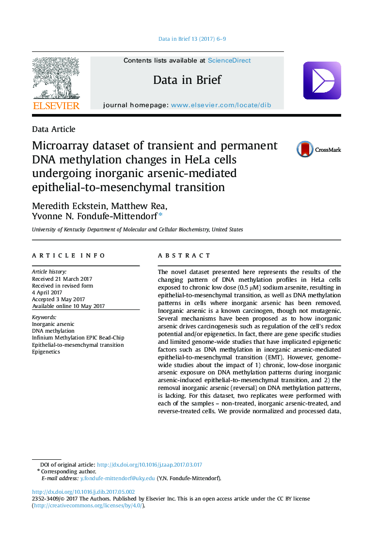 Microarray dataset of transient and permanent DNA methylation changes in HeLa cells undergoing inorganic arsenic-mediated epithelial-to-mesenchymal transition
