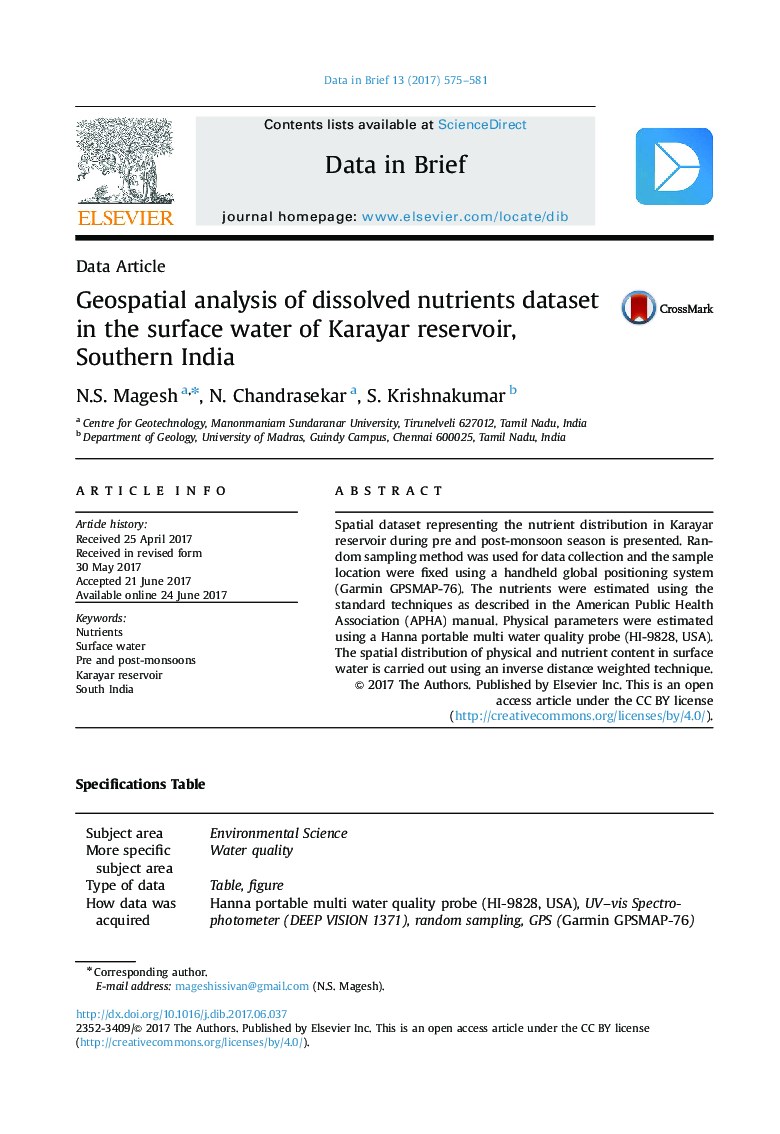 Geospatial analysis of dissolved nutrients dataset in the surface water of Karayar reservoir, Southern India