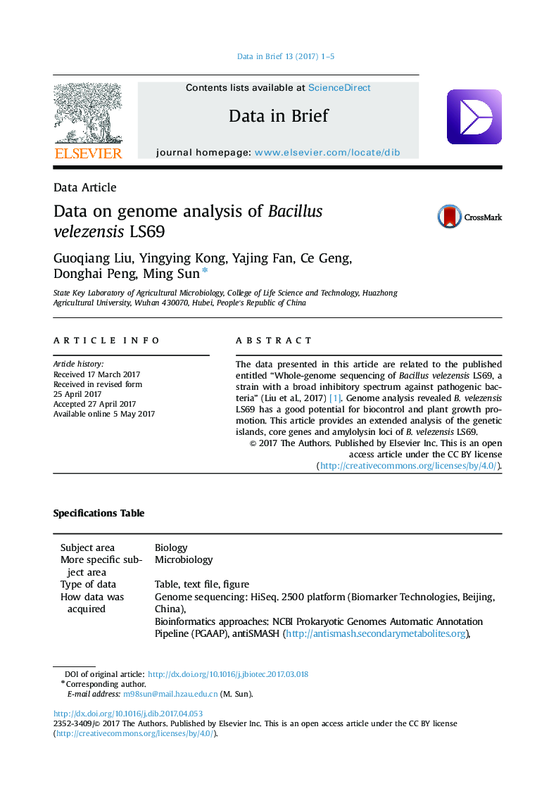 Data ArticleData on genome analysis of Bacillus velezensis LS69