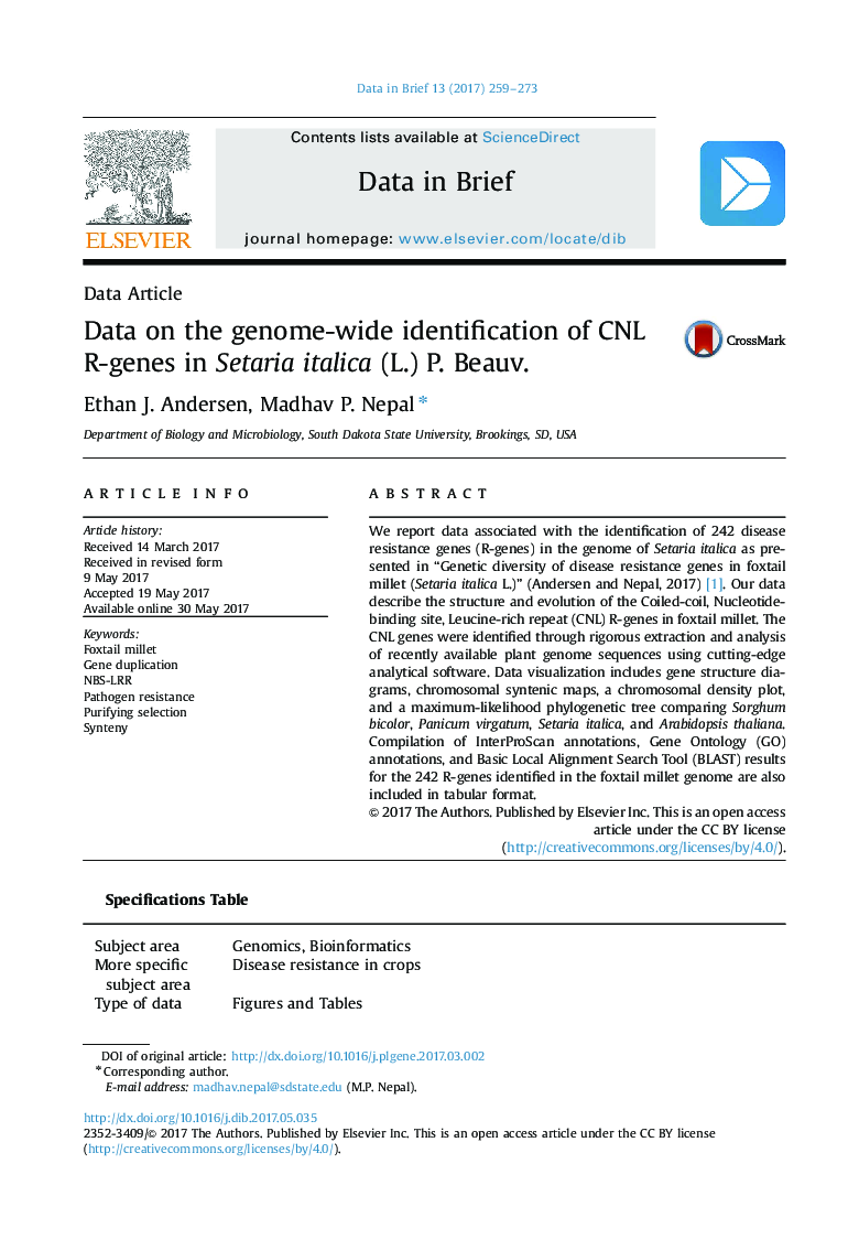 Data ArticleData on the genome-wide identification of CNL R-genes in Setaria italica (L.) P. Beauv.