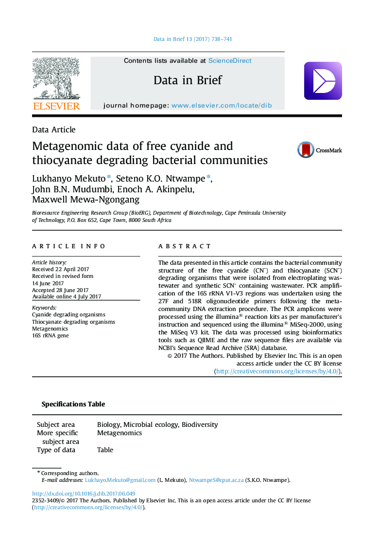 Metagenomic data of free cyanide and thiocyanate degrading bacterial communities