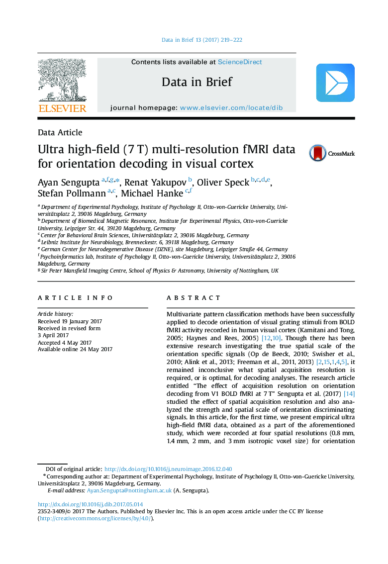 Ultra high-field (7 T) multi-resolution fMRI data for orientation decoding in visual cortex