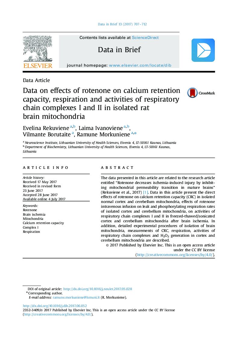 عکس صفحه اول مقاله: Data on effects of rotenone on calcium retention capacity, respiration and activities of respiratory chain complexes I and II in isolated rat brain mitochondria Data on effects of rotenone on calcium retention capacity, respiration and activities of respiratory chain complexes I and II in isolated rat brain mitochondria
