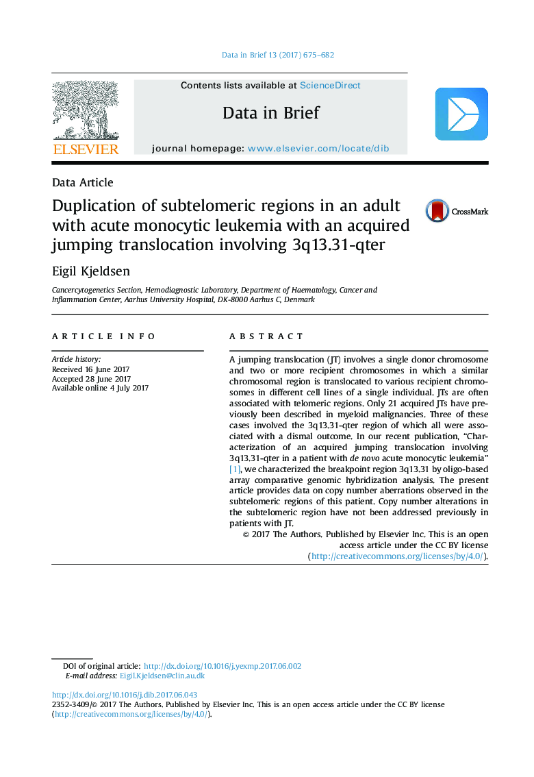Data ArticleDuplication of subtelomeric regions in an adult with acute monocytic leukemia with an acquired jumping translocation involving 3q13.31-qter