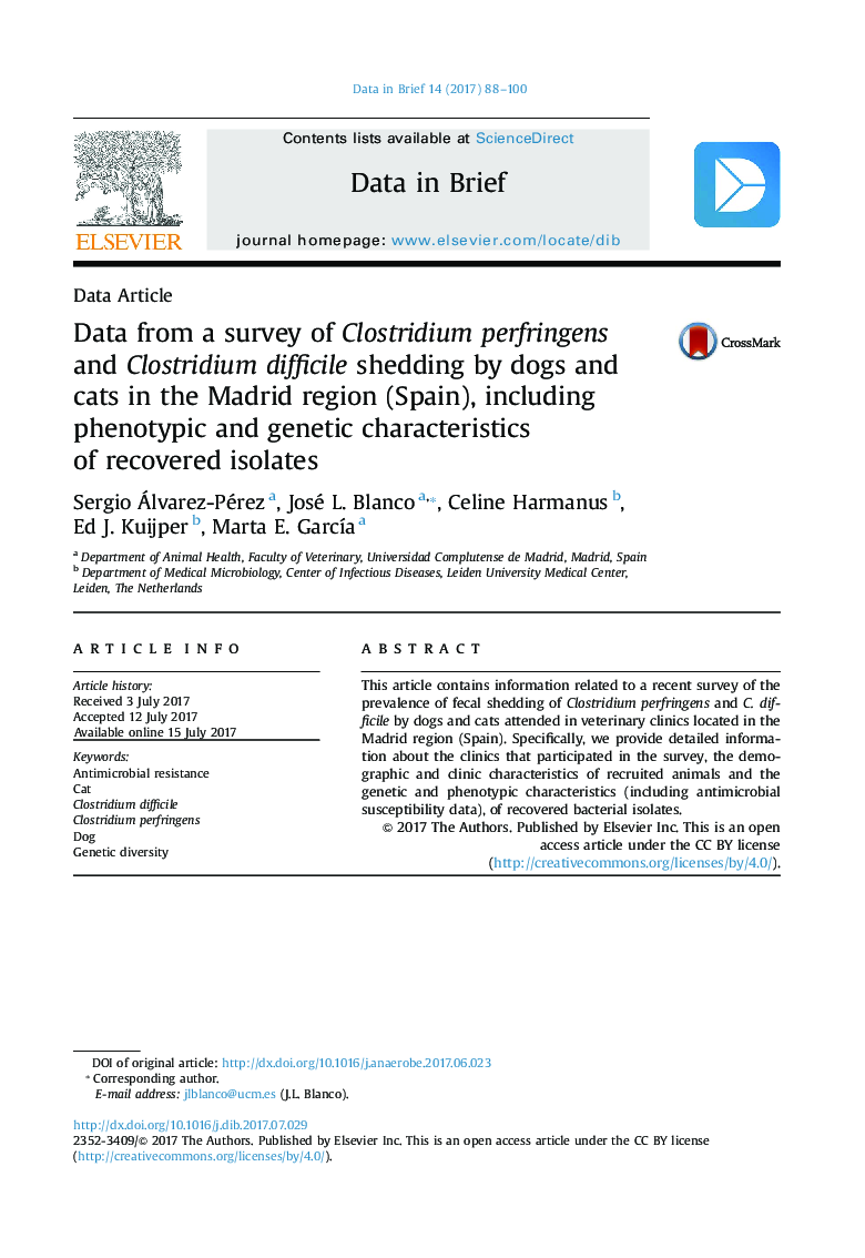 Data from a survey of Clostridium perfringens and Clostridium difficile shedding by dogs and cats in the Madrid region (Spain), including phenotypic and genetic characteristics of recovered isolates