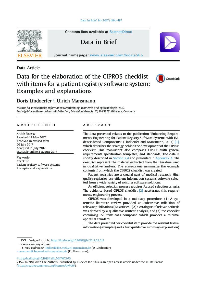 Data for the elaboration of the CIPROS checklist with items for a patient registry software system: Examples and explanations