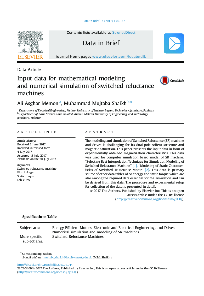 Data ArticleInput data for mathematical modeling and numerical simulation of switched reluctance machines