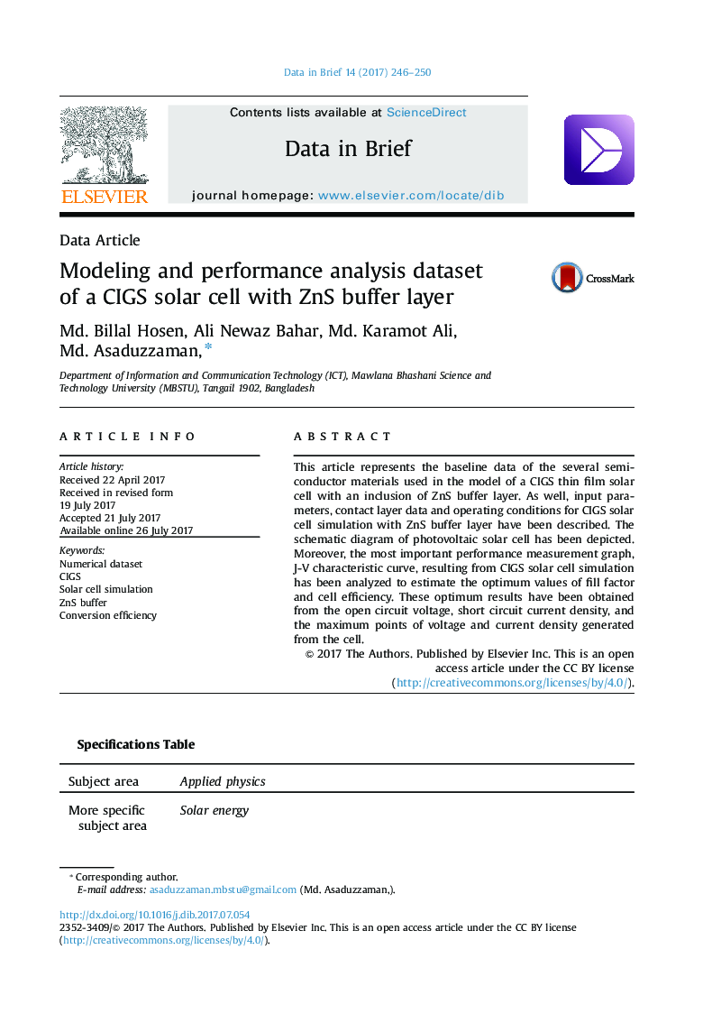 Modeling and performance analysis dataset of a CIGS solar cell with ZnS buffer layer