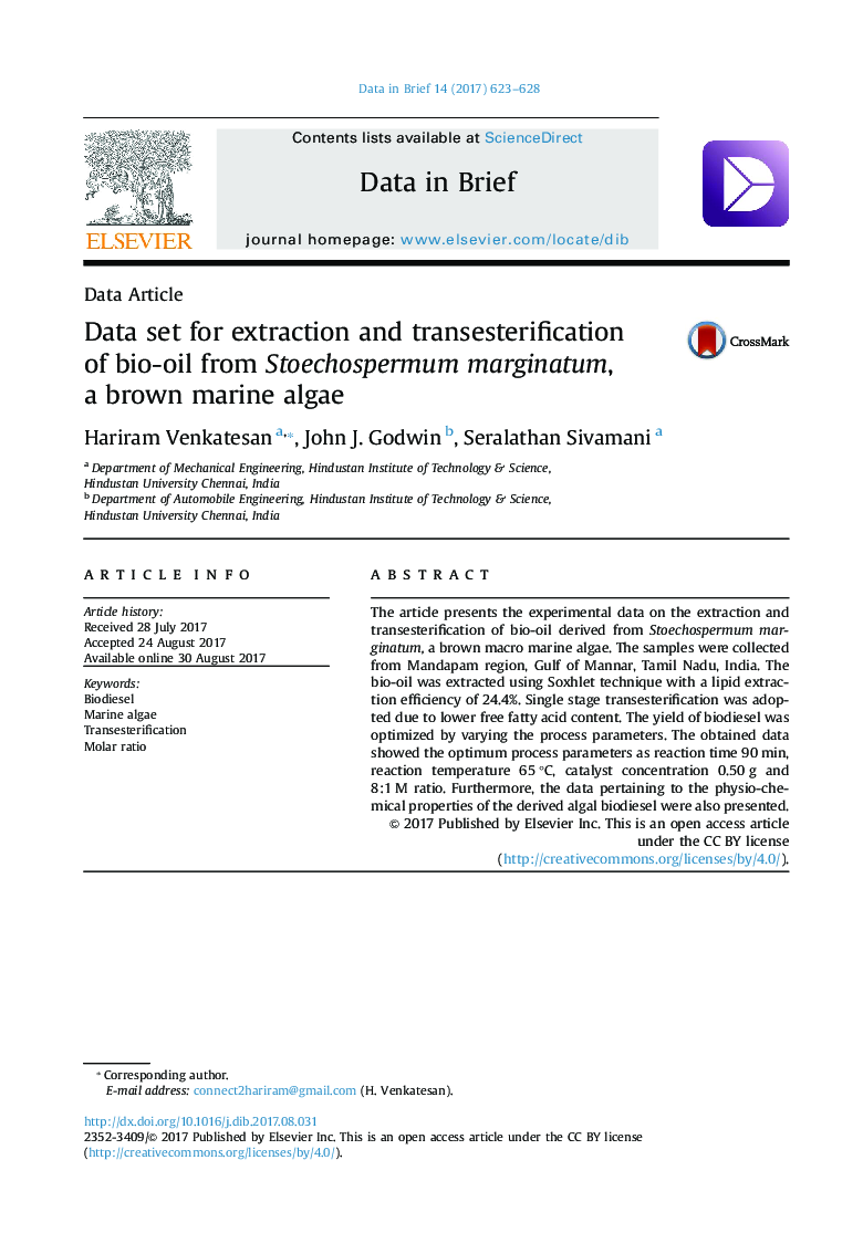 Data set for extraction and transesterification of bio-oil from Stoechospermum marginatum, a brown marine algae