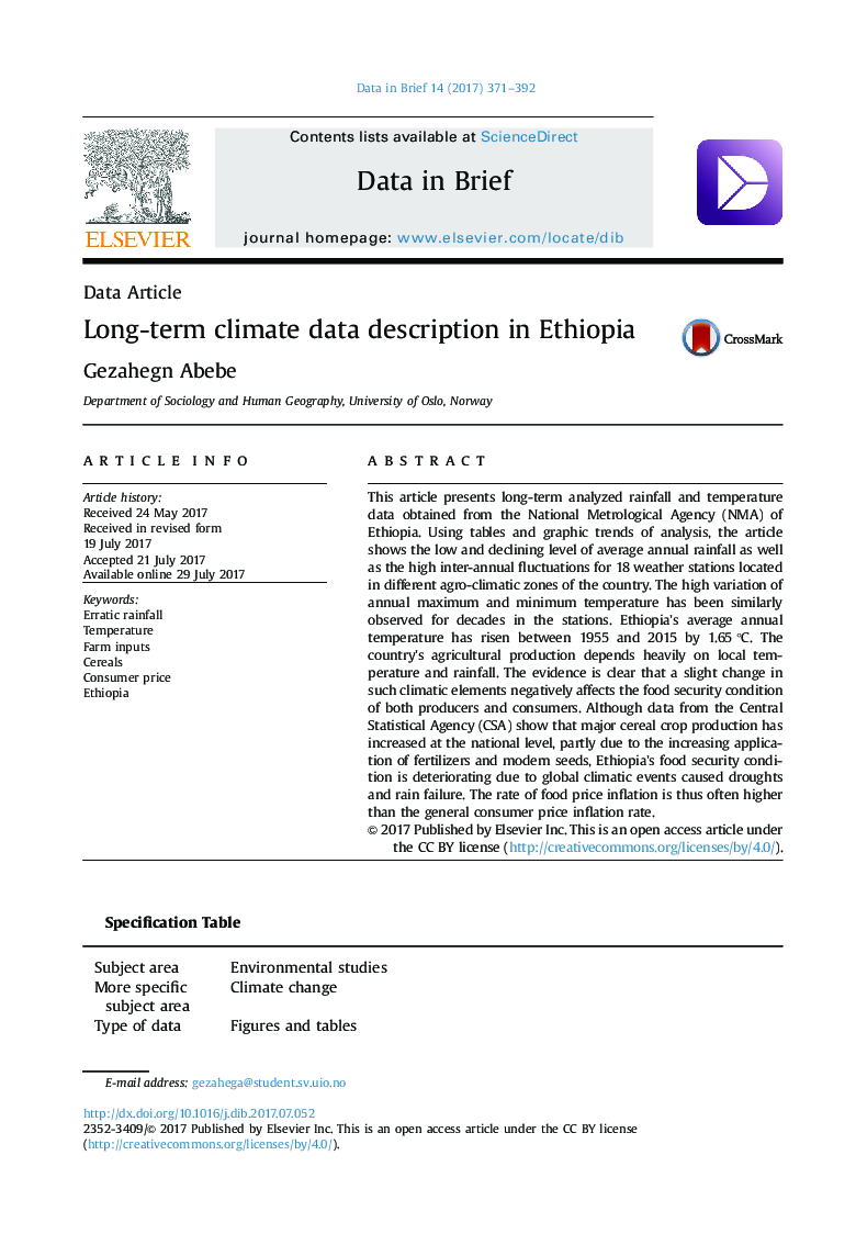 Data ArticleLong-term climate data description in Ethiopia