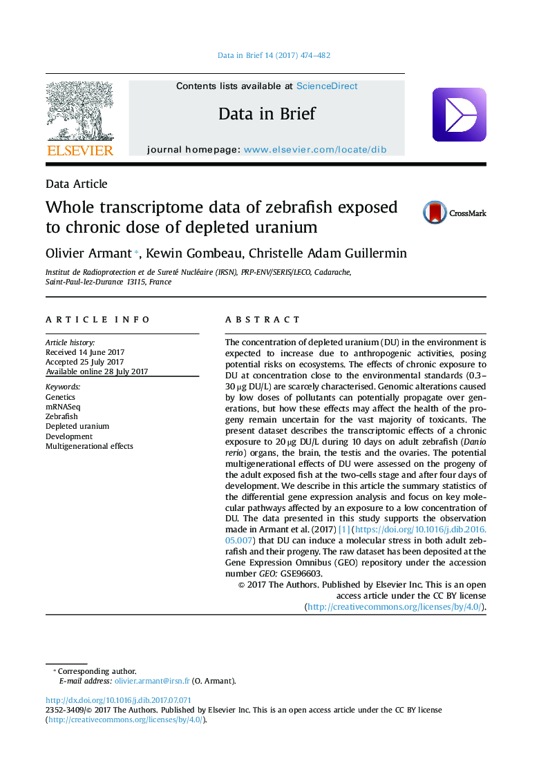 Whole transcriptome data of zebrafish exposed to chronic dose of depleted uranium