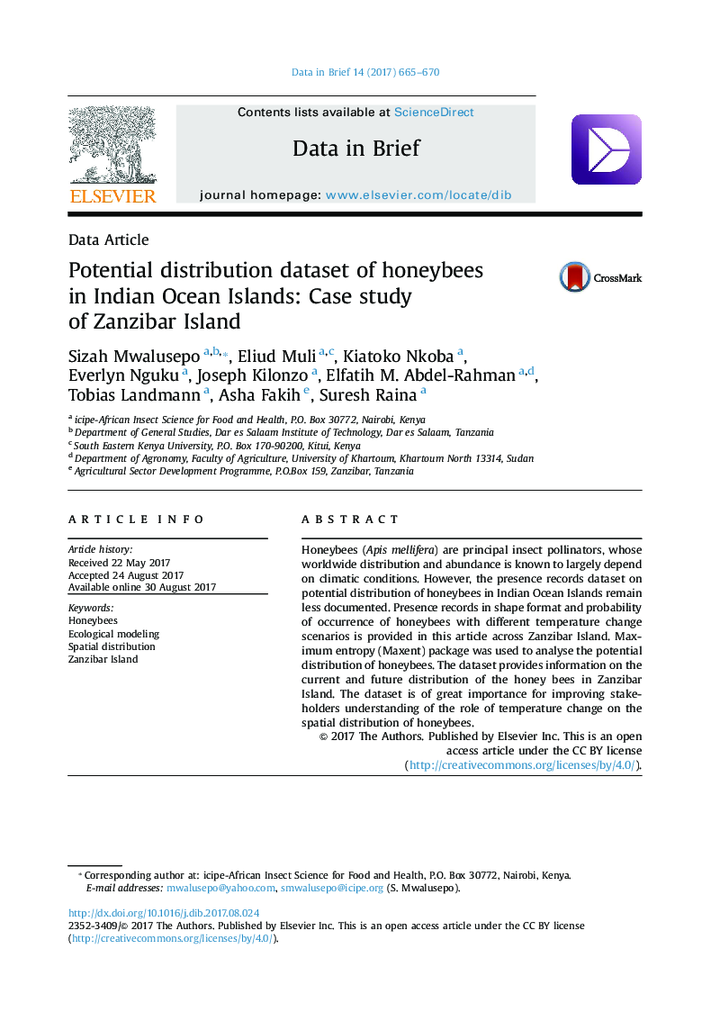 Potential distribution dataset of honeybees in Indian Ocean Islands: Case study of Zanzibar Island