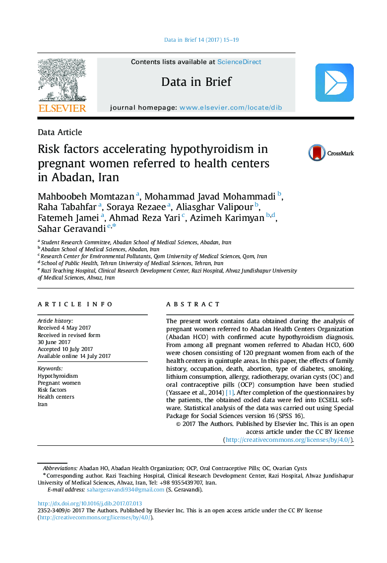 Risk factors accelerating hypothyroidism in pregnant women referred to health centers in Abadan, Iran