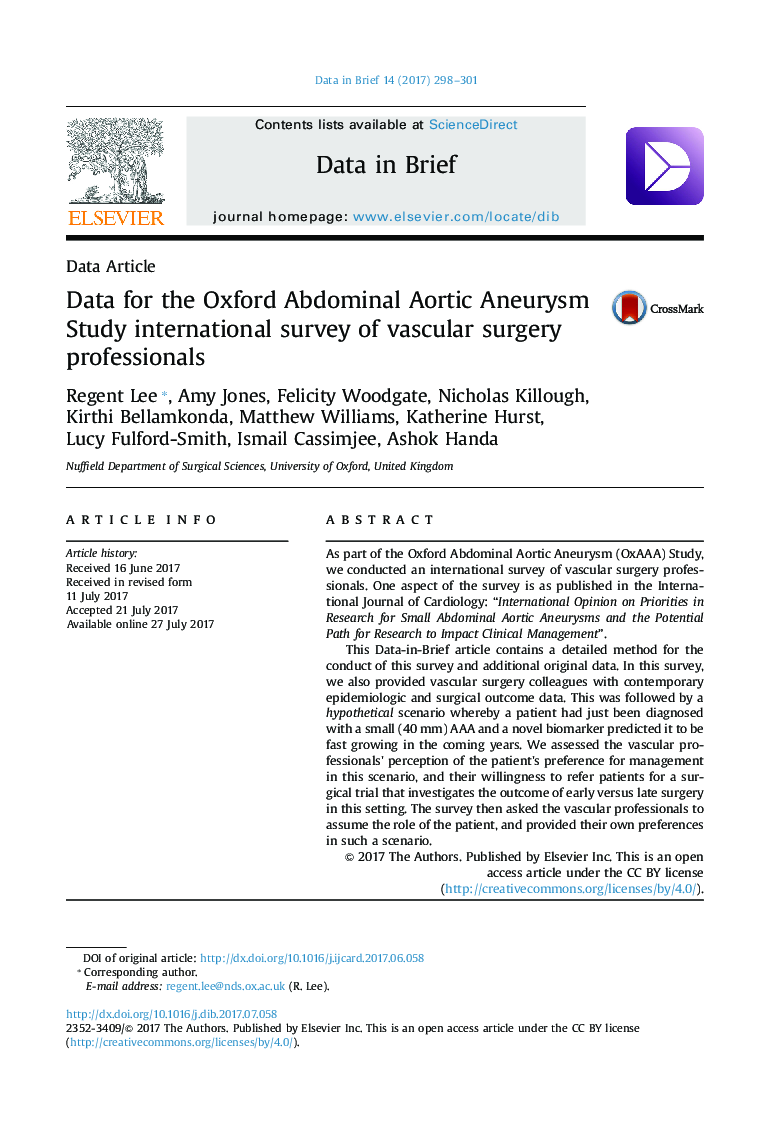 Data ArticleData for the Oxford Abdominal Aortic Aneurysm Study international survey of vascular surgery professionals