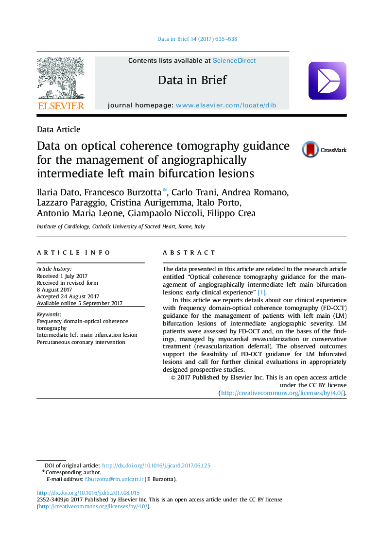 Data on optical coherence tomography guidance for the management of angiographically intermediate left main bifurcation lesions