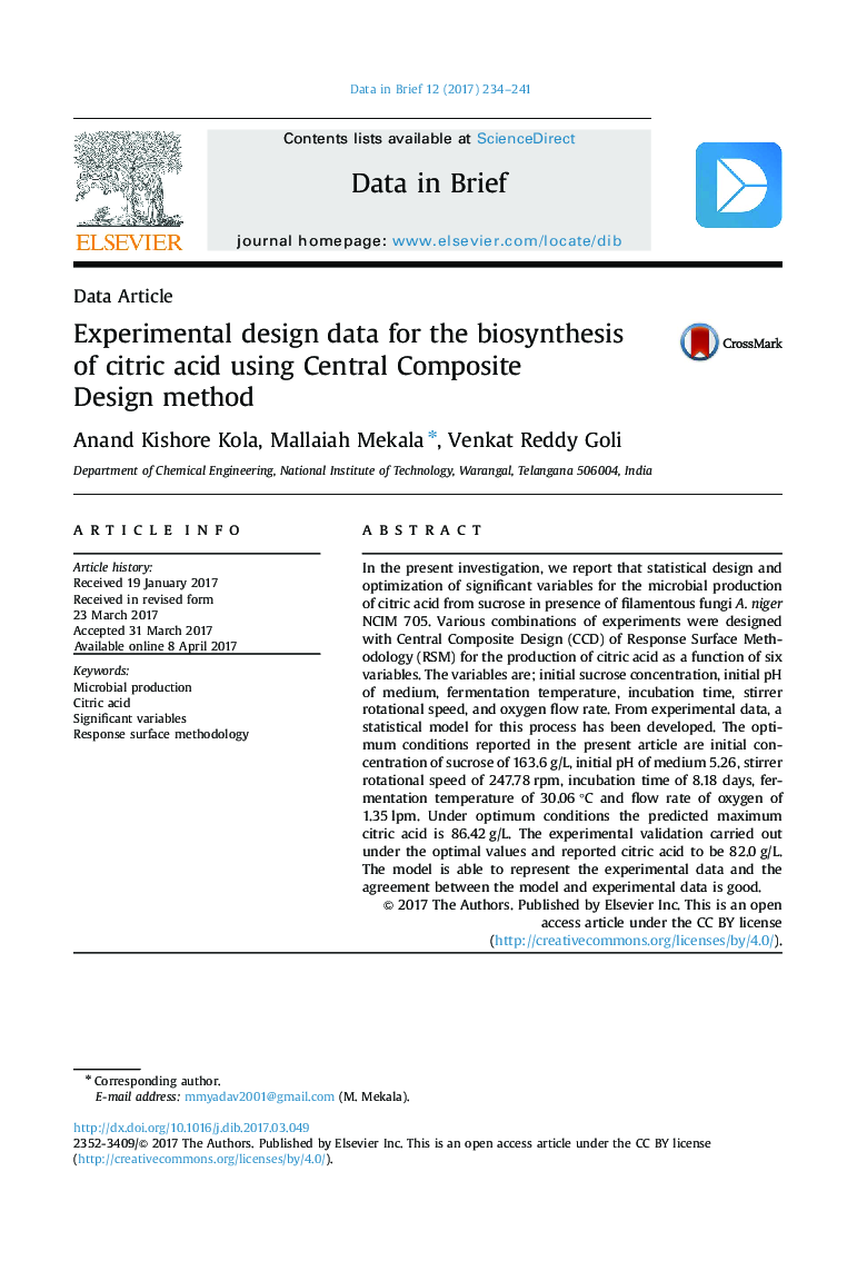داده های طراحی تجربی برای بیوسنتز اسید سیتریک با استفاده از روش طراحی مرکزی کامپوزیت 