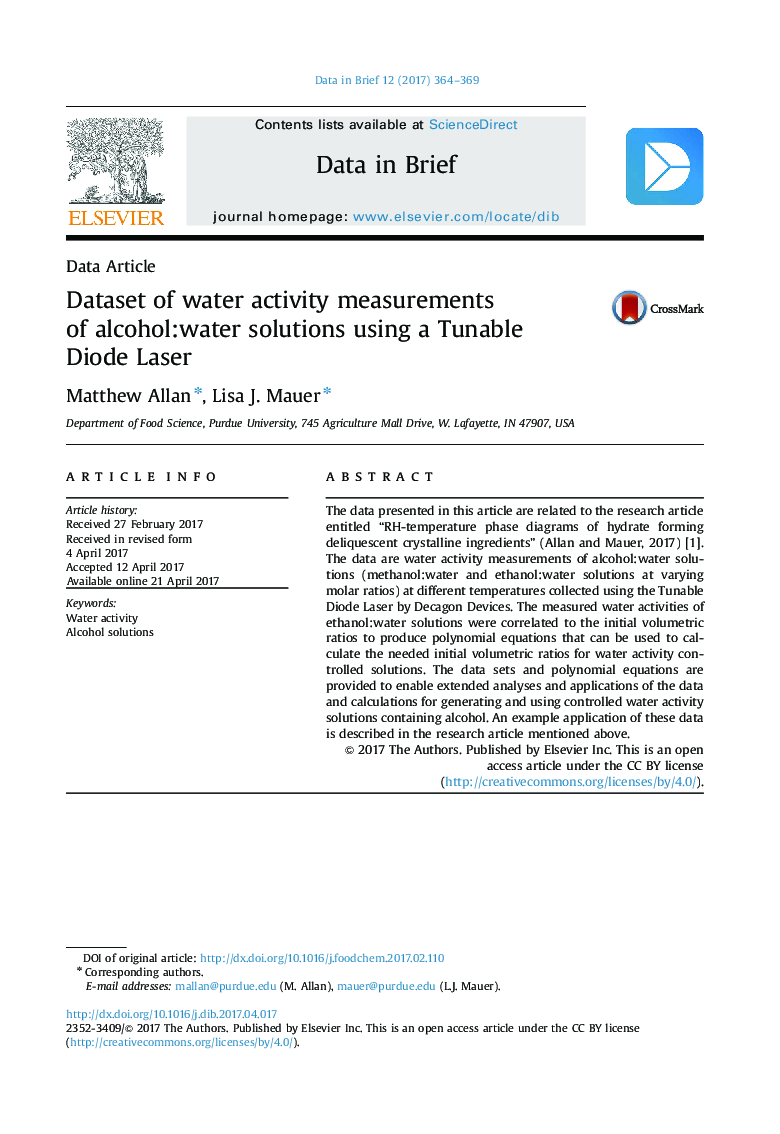 مقادیر اندازه گیری فعالیت آب از الکل: راه حل های آب با استفاده از لیزر دیود قابل تنظیم 